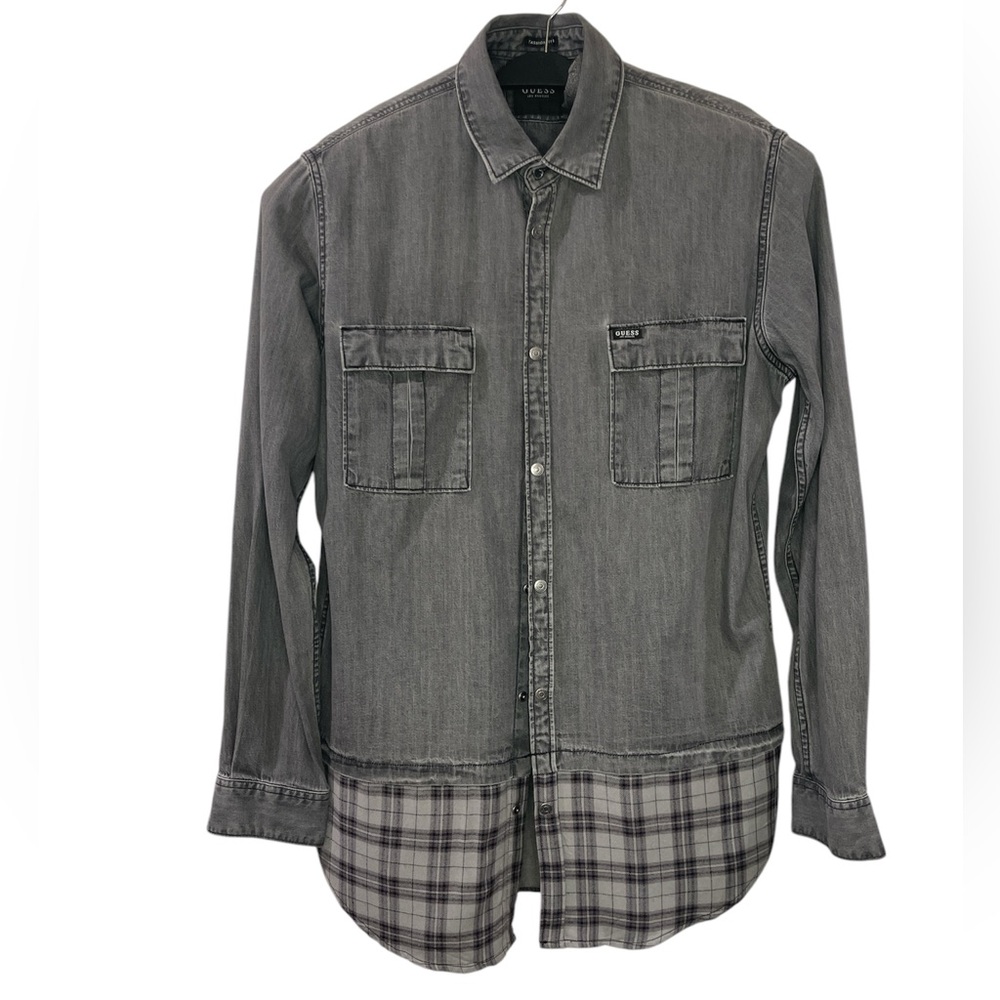 Guess Gray Faded Wash Denim Flannel Hem Plaid Men's Grunge Shirt Y2K